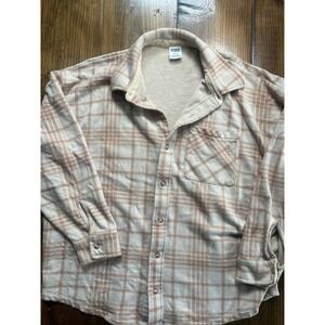 Victorias Secret PINK Plaid Fleece Shacket Beige Tan Button Down Shirt Medium